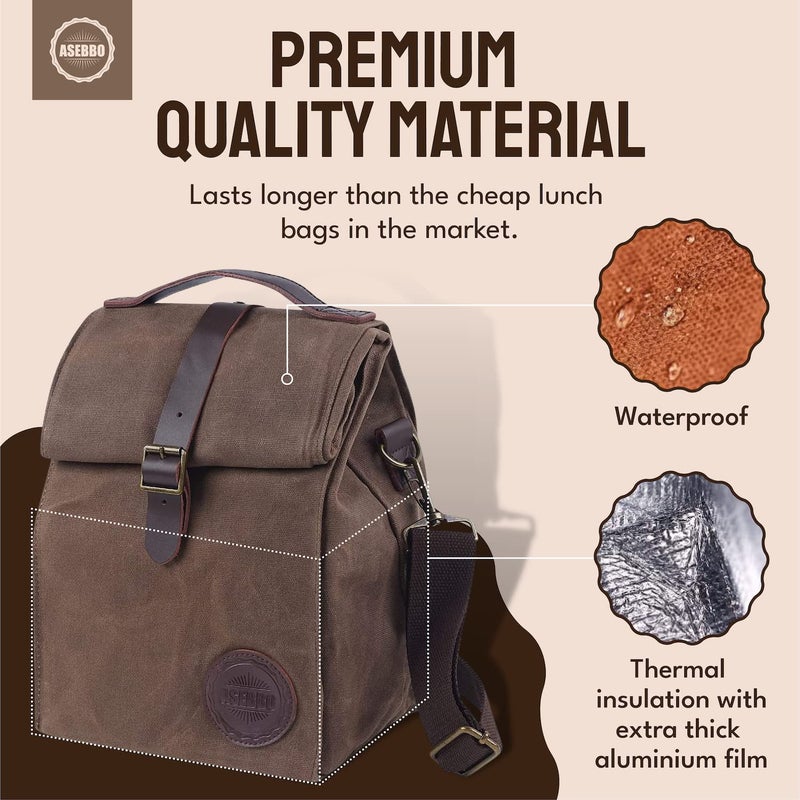 ASEBBO Insulated Lunch Bag 10L Sturdy Waxed Canvas Lunch Box for Men and Women, Leakproof Insulated Cooler Bag for Work Picnic Hiking, Lunchbox for Adults with Shoulder Strap (Brown) - Image 2